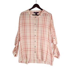 Gloria Vanderbilt Plaid Button Down Shirt Women's Peach Coral Lightweight Large